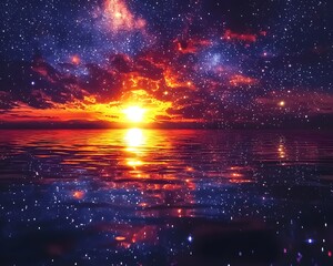 Wall Mural - radiant starry sky reflected in glowing lake creating serene celestial mirror