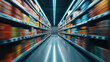 © Maksym - A high-tech logistics center, where rows of stocked shelves fade into a blurred background, emphasizing the organized movement of goods.