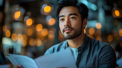 Poster - Confident Employee Holding Glowing Documents in Vibrant Office Space with Collaborative Technology