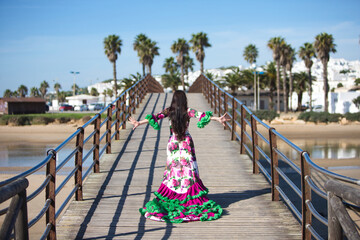 Wall Mural - Latin woman, brunette, with flowing hair, dancing flamenco on a wooden catwalk by the seashore. The woman is wearing a white dress with a floral print and ruffles. Intangible Cultural Heritage.