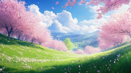 Canvas Print - Spring blossoms, mountain valley, sunny day, idyllic scene, travel poster