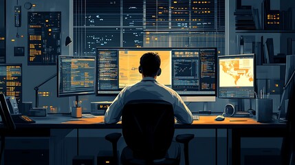 Night coder working at desk with multiple monitors displaying code and data.