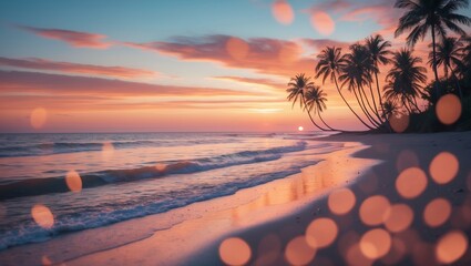 Wall Mural - sunset at a tropical beach with palm trees and gentle waves during tranquil evening hours