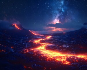 Wall Mural - glowing starry sky over vibrant volcanic landscape radiant celestial light contrasting with fiery la