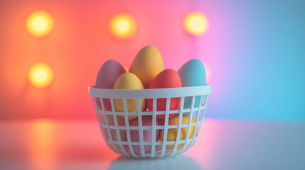 Wall Mural - Colorful Easter eggs fill a charming basket against a vibrant background, celebrating spring's joyful spirit