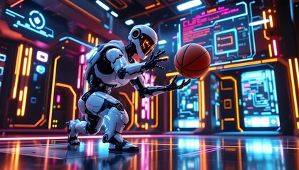 robot playing basketball in futuristic arena