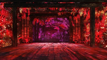 Wall Mural - Red wooden stage, tropical plants, neon background, event backdrop