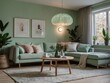 © RaksaLinggo - Green Living Room Featuring Sectional Sofa and Modern Lighting
