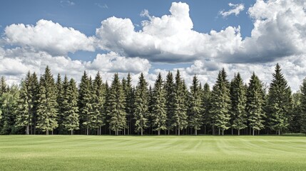 Wall Mural - Green field, pine forest, summer sky, nature landscape, postcard