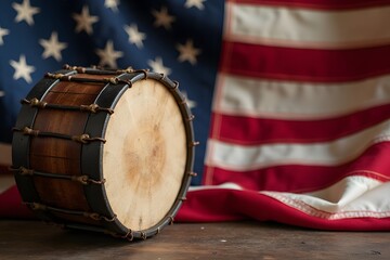 A Revolutionary War drum placed beside a folded American flag.