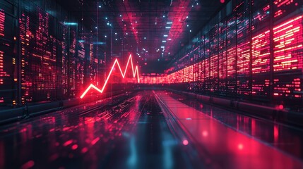 Wall Mural - red neon graph illuminates digital data corridor