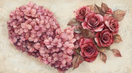 Wall Mural - a delicate pencil sketch of pink hydrangeas and red roses forming a heart, with realistic shading an