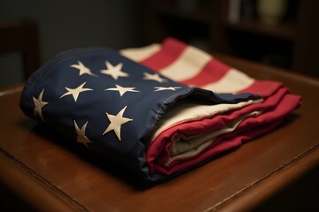 An antique American flag folded neatly on a wooden desk.