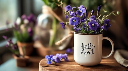 Wall Mural - A mug with hello april written on it and flowers sitting next to it.