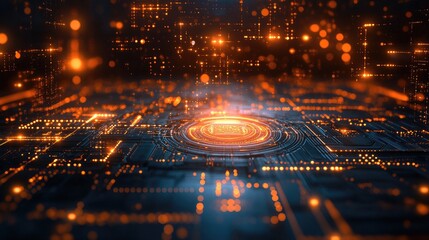 Wall Mural - futuristic circuit board with glowing orange lights