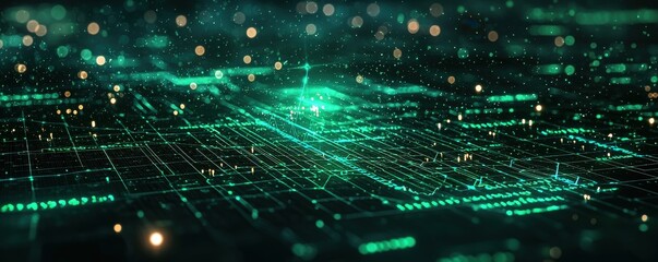 Wall Mural - abstract digital grid with glowing green lights and shimmering particles