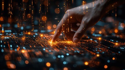 Wall Mural - A finger interacts with a glowing digital interface