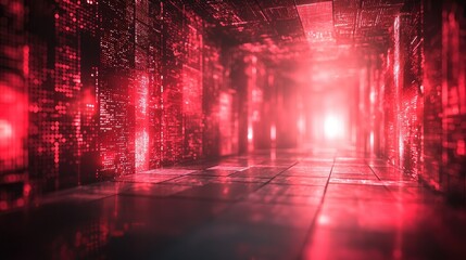 Wall Mural - red digital corridor illuminated data stream