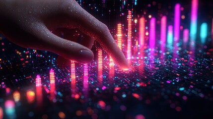 Wall Mural - A finger interacts with vibrant digital data streams