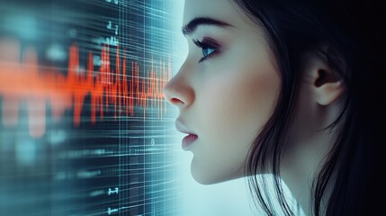 Wall Mural - woman profile viewed next to digital data stream