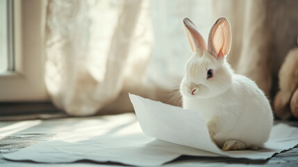 Wall Mural - Whimsical Easter Sunday: A charming white rabbit examines colorful paper in a sunlit room filled with joy and anticipation