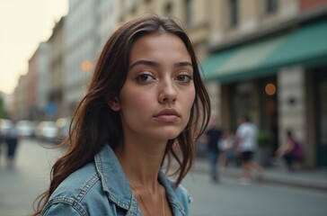 Wall Mural - Portrait of a young woman against the background of the city