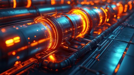 Wall Mural - Futuristic Industrial Cylinders Glowing Orange and Blue