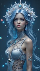 Wall Mural - A woman with long blue hair and a crown of flowers on her head