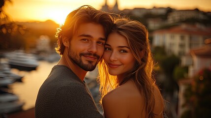 Wall Mural - Young Couple Embraces at Sunset Overlooking Cityscape