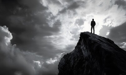 Wall Mural - Silhouette of a person standing on a rocky peak against a cloudy sky in grayscale