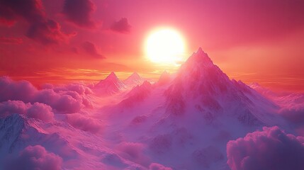 Wall Mural - Pink Sunset Over Snowy Mountain Peaks