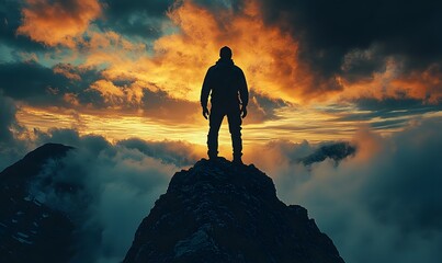 Wall Mural - Silhouette of a person standing on mountain peak against dramatic sunset sky