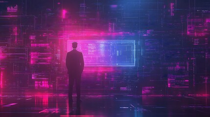 A person stands before a large digital screen displaying complex code in shades of pink and blue.