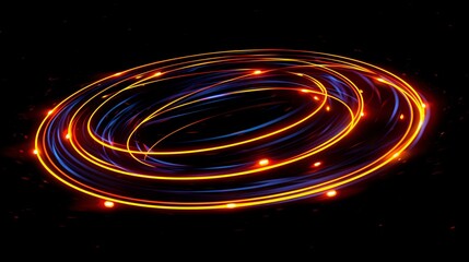 Glowing orange and blue light trails form dynamic spiral rings against black background, creating luminous energy effect with bright particles and streaks.