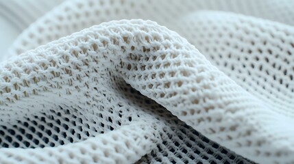 Macro view of white mesh fabric texture with soft folds creating abstract pattern. Clean modern minimalist composition showing detailed textile structure.