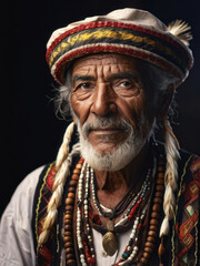 A wise Brazilian gentleman wearing traditional cultural clothing and beaded jewelry. A powerful and timeless portrait. Generative AI