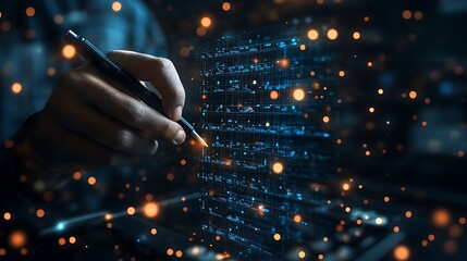 Hand writing on futuristic digital data interface.