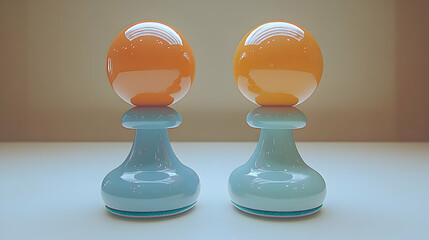 Two orange and teal spheres on stands, studio setting, abstract art, website background