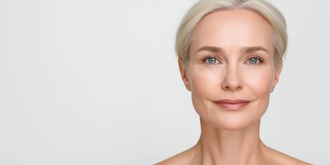 Wall Mural - A woman with a white background and a blue shirt. She has a smile on her face