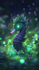 Wall Mural - mystical seahorse with glowing eyes and leafy features in magical forest