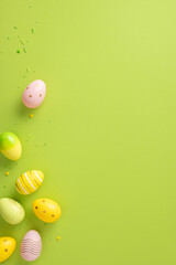 Wall Mural - decorated vertical easter eggs are displayed creatively on a green backdrop, evoking holiday cheer