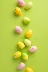 Wall Mural - colorful vertical easter eggs with pastel designs neatly displayed on a green surface adding festive