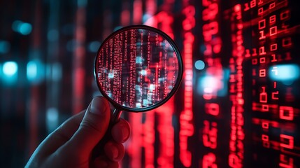 Hand holding magnifying glass over red binary code.