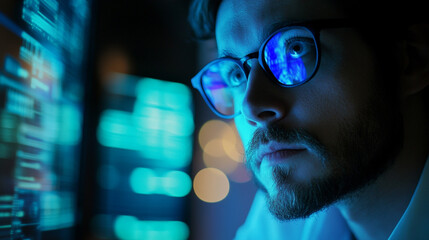 Focused Programmer Working Late Night Coding Project Digital Screen Blue Light man web code data    