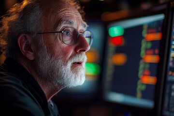 close-up of focused software developer working late at night, illuminated by computer screen display
