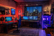 © Michael - High-tech gaming room featuring multiple monitors, custom pc, and neon lights, overlooking a cityscape at night