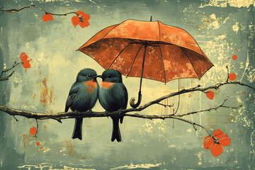 two birds sitting on a branch under an umbrella