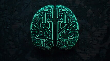a digital brain design featuring intricate circuit patterns in glowing teal against a dark backgroun