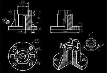 Wall Mural - vector drawing of steel cast mechanical part with through holes and dimension lines. engineering com