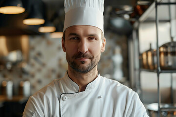 Wall Mural - An confident young man cooking on modern kitchen in luxury restaurant generative AI